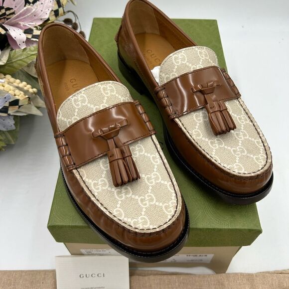 Men’s Gucci GG Supreme canvas/leather loafers size 8 fits 9US made in Italy - Picture 2 of 11